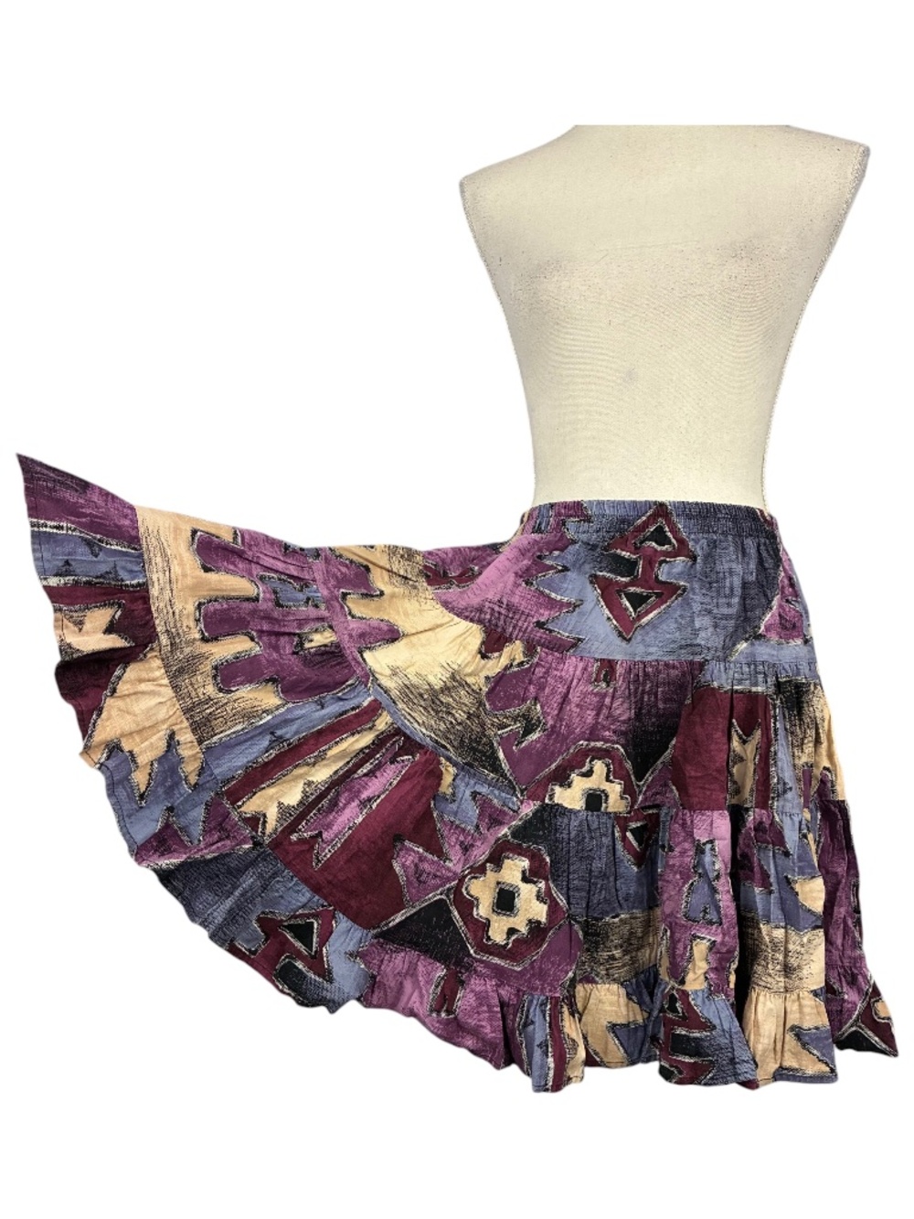 Western Circle Skirt L Full Ruffle Hem A-Line Elastic Waist Purple Patchwork